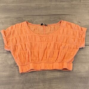 Final Touch Smocked Crop Top Short Sleeve Blouse Elastic Waist Peach Orange‎ M